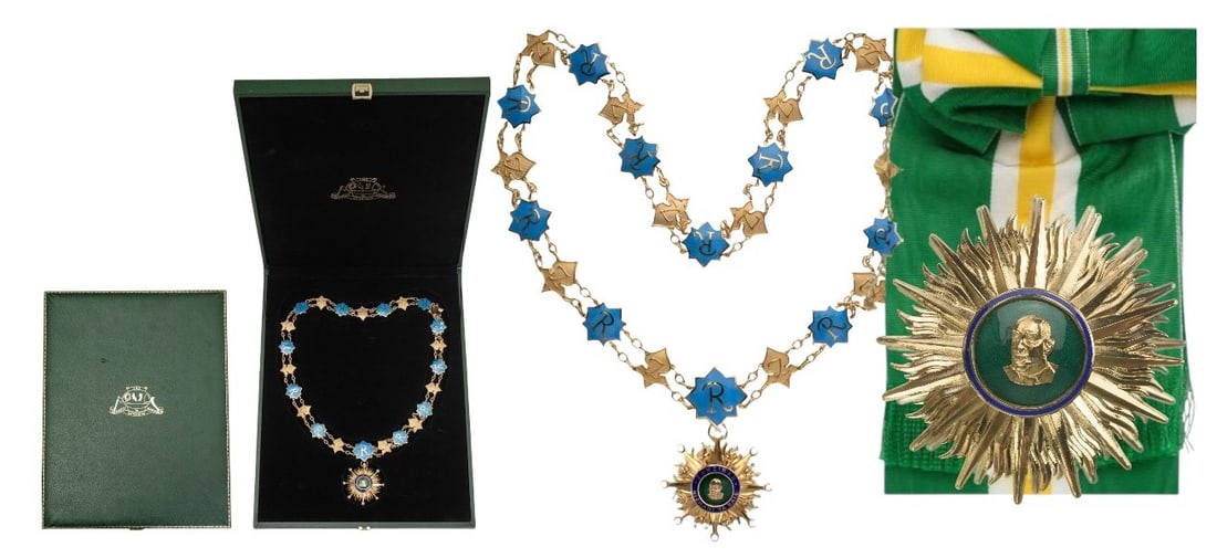 Presidential Order of Zanibar Nishani Raisi: A complete set of Collar Grand Cordon of the Order in gilt Silver: 11, blue enameled ornated links, bearing polished, golden “R” and 12 gilt links, bearing the polished letter “Z”, all