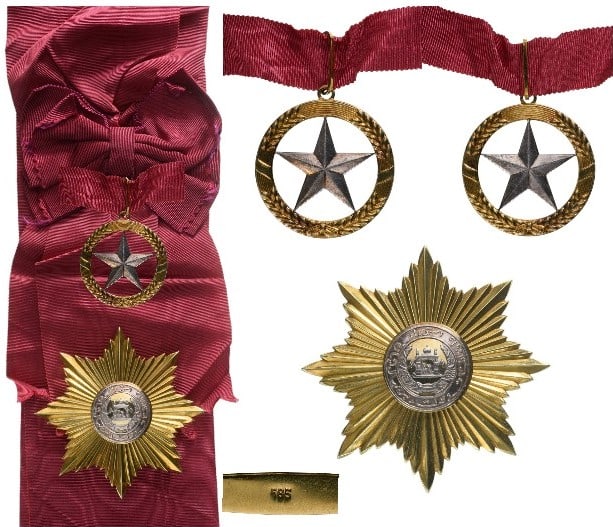 Order of the Star: Complete Set of the 1st Class after the Order’s reformation in more classes operated by King Muhammad Zahir Shah subsequently to his accession to the throne in 1933. Sash Badge as an openwork append