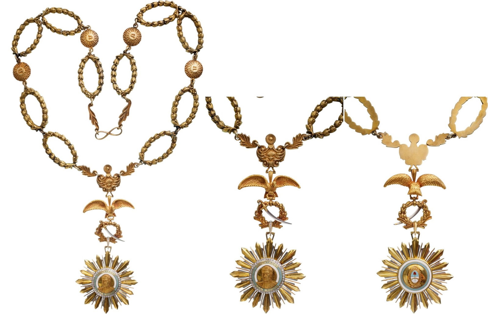 Order of the Libertador San Martin: Grand Cordon (Collar) of the Order. Collar chain composed of 10 laurel wreaths, gilt Silver, 89 cm., alternated with 4 beaming “suns” as symbol of Argentina, closed “s” shaped closure-