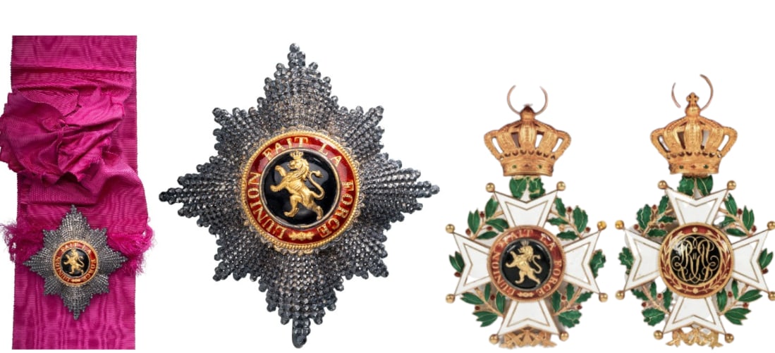 ORDER OF LEOPOLD: Grand Cross Set, 1st Class, instituted in 1832. Sash Badge, 105x71 mm, 70.5 g., GOLD, both sides enameled, both central medallions gold with crowned lion, enameled, original suspension crown, ring and