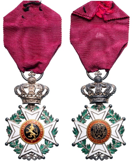 ORDER OF LEOPOLD: Knight's Cross, 5th Class, instituted in 1832. Breast Badge, 57x35 mm, Silver, both sides enameled, both central medallions enameled, GOLD lion, original suspension crown, ring and ribbon. A beautiful