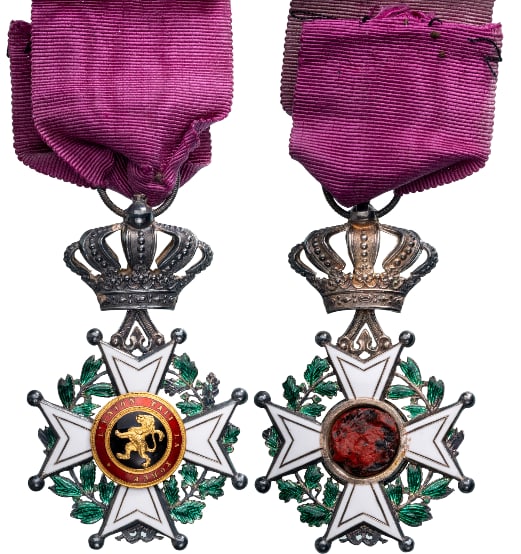 ORDER OF LEOPOLD: Knight's Cross, 5th Class, instituted in 1832. Breast Badge, 67x41 mm, Silver, both sides enameled, reverse central medallion missing, GOLD lion, original suspension crown, ring and ribbon. IV