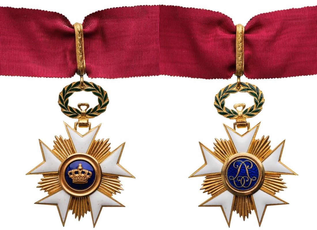 ORDER OF THE CROWN: Commander`s Cross Civil, 3rd Class, instituted in 1897. Neck Badge, 78x58 mm, gilt Bronze, both sides enameled, both central medallions gilt, enameled, original suspension ornamented loop and neck