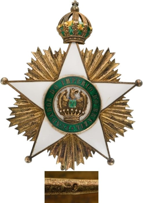 Order of Don Pedro I: Grand Cross Star, instituted in 1826. Breast Star, 84x70 mm., gilt Silver, French hallmarks, with smooth, faceted rays, the centre, with five-pointed, white enameled star, with pomed tips, white ename