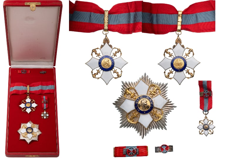 ORDER OF NAVAL MERIT: Grand Officer's Set, 2nd Class, instituted in 1934. Neck Badge, 74x62 mm, mm, gilt Silver, both sides enameled, both central medallions gilt Silver, enameled, original suspension ring, loop and neck r