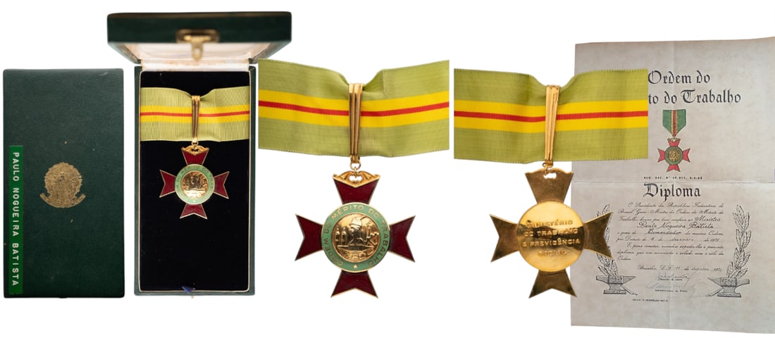 ORDER OF LABOUR MERIT: Commander's Cross, 3rd Class. Neck Badge, 55x50 mm, gilt Bronze, original suspension ring, loop and ribbon, in case of issue by "Condal - Rio" with gilt weapon on the lid, awarded to a Brazilian Minis