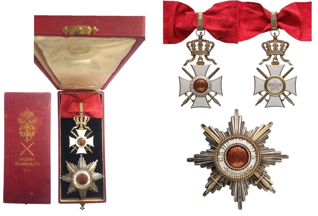 Order of Saint Alexander: Grand Officer's Set Military, 2nd Model. Neck Badge, 84x49 mm., gilt Silver, both-sides enameled, original suspension ring, loop and ribbon. Breast Star, 88 mm, Silver, hallmarked "AA", maker's mark "
