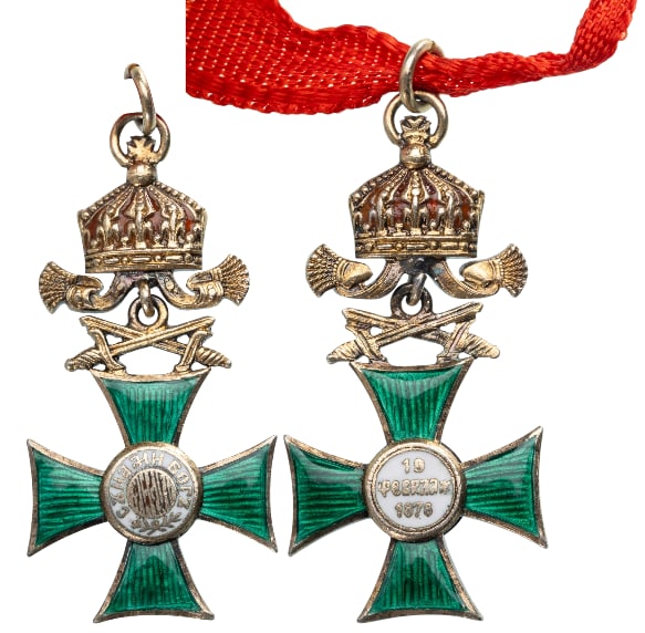 Order of Saint Alexander: Officer's Cross with Crown and Swords Miniature, King Ferdinand. Breast Badge, 28x14 mm, gilt Silver, original suspension ring and ribbon. A superb and very rare miniature of best quality, in mint con