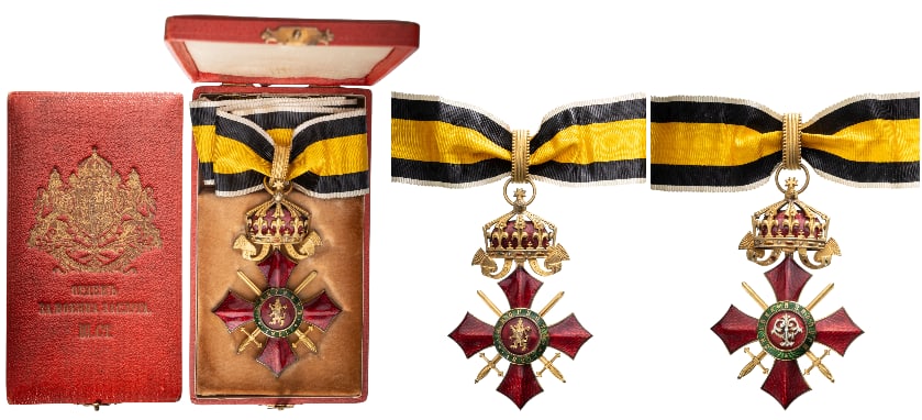 Order of Military Merit: Commander's Cross, 3rd Class, Prince Ferdinand issue. Neck Badge, 95x63 mm, gilt Bronze, central medallion enameled, original suspension ring, loop and ribbon, in original case of Issue, with gilt wea