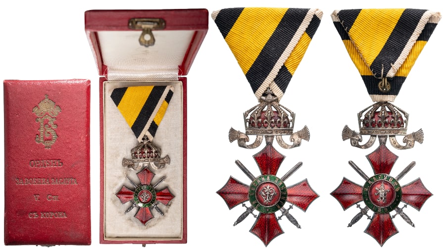 Order of Military Merit: Knight's Cross, 5th Class with Crown. Breast Badge, 70x46 mm, Silver, central medallion enameled, original suspension crown, ring, and ribbon, in original Case of Issue, with gilt monogram of Tsar Bor