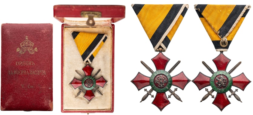 Order of Military Merit: Knight's Cross, 5th Class, 2nd Model, 1933 - 1944. Breast Badge, 53x51 mm, Silver, central medallion enameled, original suspension ring and triangular ribbon, in case of issue, with gilt crown and ins