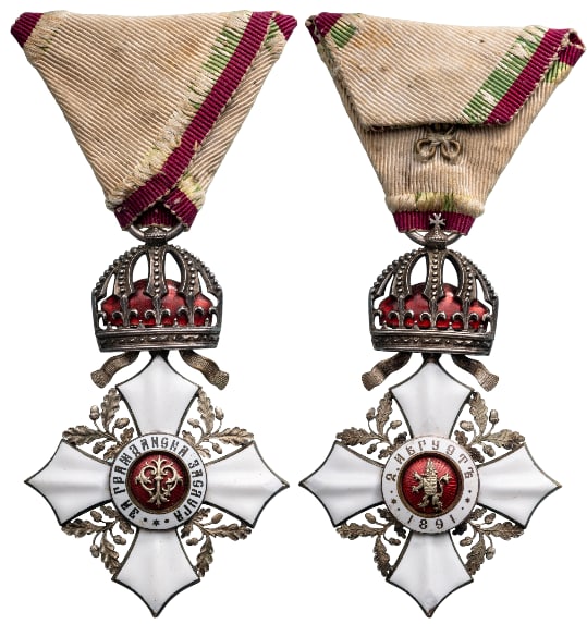 Order for Civil Merit: Knight's Cross Miniature, 1st Model, 1891-1895. Breast Badge, 70x46 mm, Silver, original suspension ring and triangular ribbon. A superb and extremely rare badge of best quality and very fine conditio