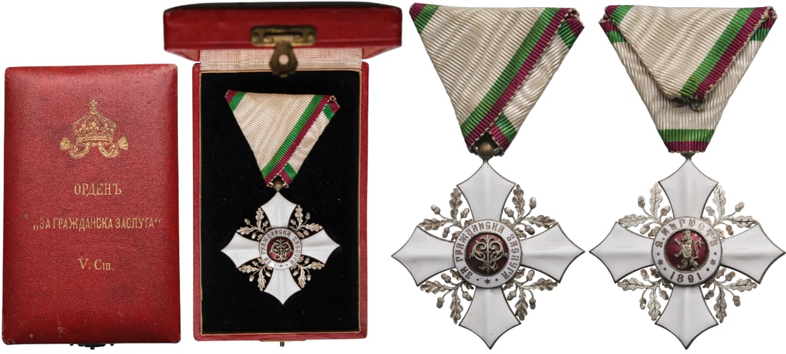 Order for Civil Merit: Knight's Cross, 5th Class, 2nd Pattern, 1910. Breast Badge, 54x51 mm, silvered, central medallion enameled, original suspension ring and triangular ribbon, in case of issue, with gilt monogram of Tsar