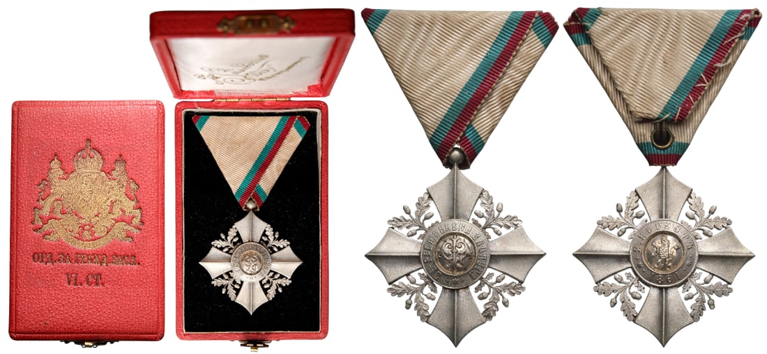 Order for Civil Merit: 6th Class Cross, Prince Ferdinand I issue Breast Badge, 50x45 mm, silvered, original suspension ring and triangular ribbon, in case of issue by "Johann Schwerdtner - Wien", with gilt weapon and inscri