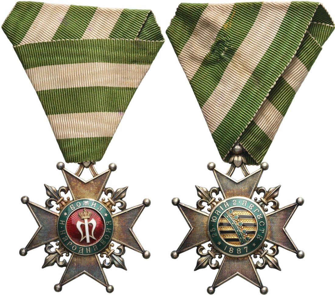 Cross For the Accession of Prince Ferdinand I in 1887, 1st Class, by C. F. Rothe, Vienna: Breast Badge, 49x42 mm., gilt Silver, hallmarked "FR", center enameled, original suspension ring and ribbon. Rare, extremely fine condition! I R!
