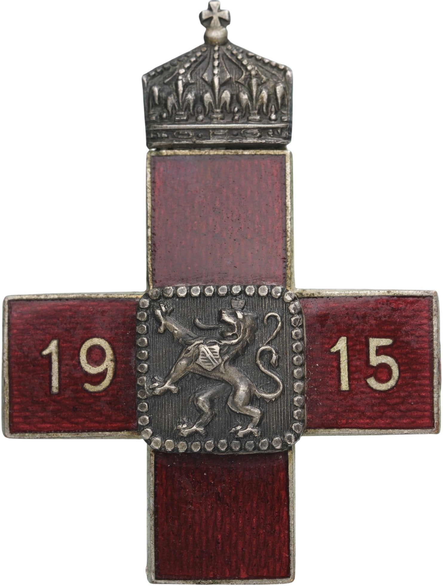 Red Cross Badge, 1915, Silver Class: Breast Badge, 34x26 mm., silvered Bronze, enameled, thin horizontal pin on reverse. Mint condition! I