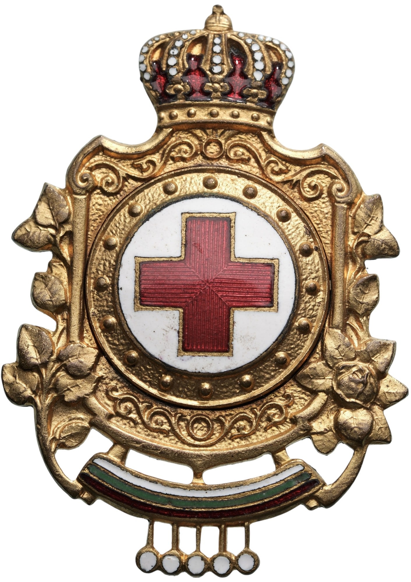 Royal Badge of Merit of the Red Cross, King Boris III, 3rd Emission: Breast Badge, 42x29 mm., gilt Bronze, enameled, original vertical thin pin on reverse. Extremely fine condition! I