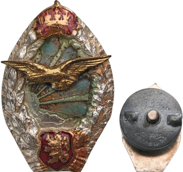 Airforce Badge Miniature, Tsar Boris III, 1936: Breast Badge, 22x15 mm., partially gilt Silver, one-side enameled, original screw and plate on reverse, numbered 3-23-89 and maker's mark. Rare, mint condition! I R!