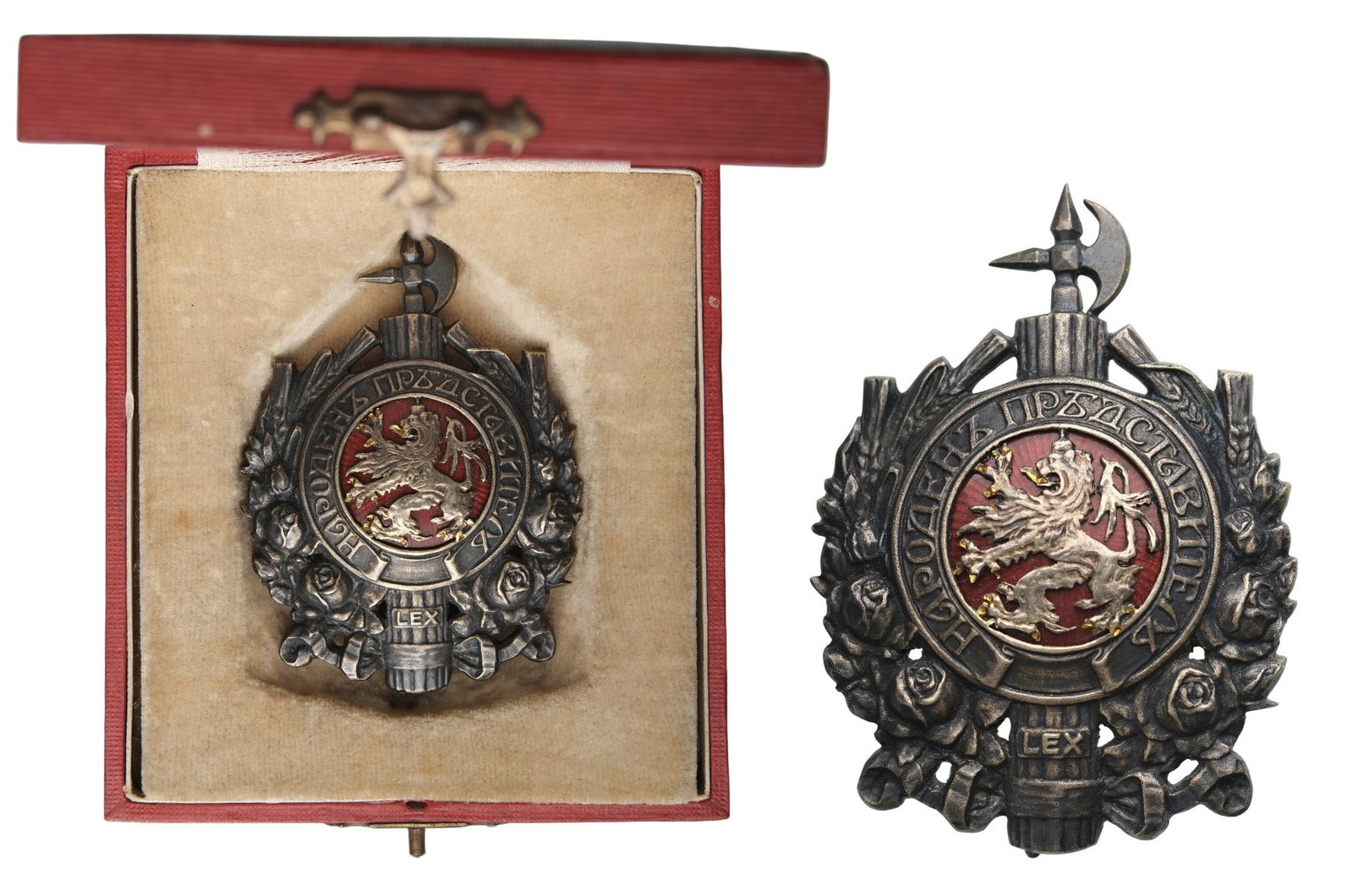 Member of Parlament Royal Badge: Breast Badge, 61x44 mm., Silver and Bronze, center enameled, original vertical pin on reverse, in case of issue. Very rare and superb, in best condition! I RR!
