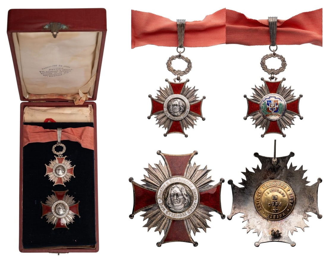 ORDER OF CHRISTOPHE COLOMB: Grand Officer's Set, 2nd Class, instituted in 1937. Neck Badge, 75x52 mm, mm, Silver, both sides enameled, both central medallions Silver, enameled, original suspension ring, loop and neck ribbon. Bre