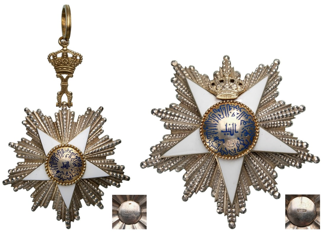 ORDER OF THE NILE: Grand Cross Set, 1st Class, instituted in 1915. Sash Badge, 93x63 mm, partially gilt Silver, enameled, superimposed part gilt enameled, maker`s mark "Lattes", with original gilt suspension crown and r