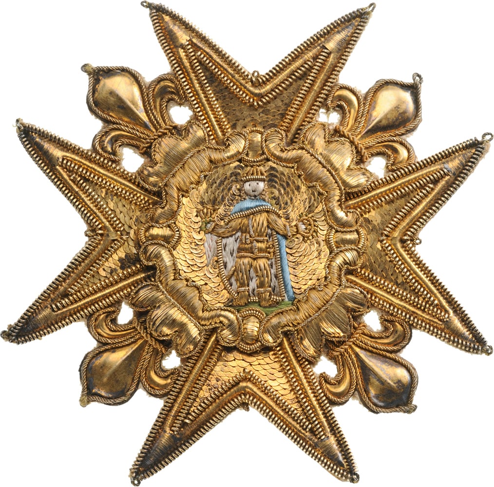 MILITARY ORDER OF SAINT LOUIS, INSTITUTED IN 1693: A Grand Cross star: embroidered breast star: gilt-silver wire and sequines; gilt, 94x92 mm., embossed sheet-silver fleurs de lys; the image of the saint, embroidered with polychrome threads; the rever