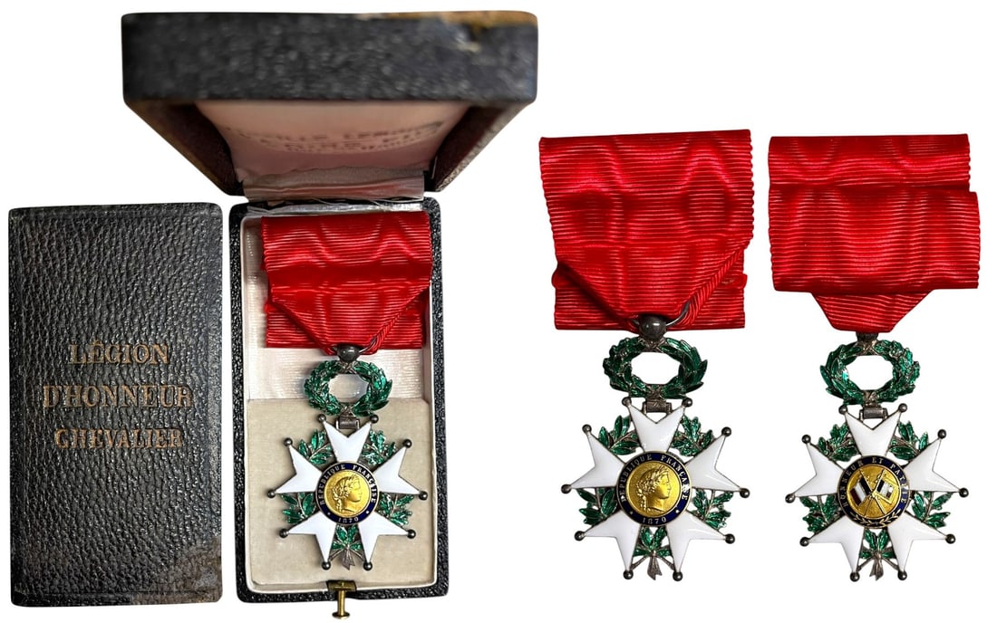 ORDER OF THE LEGION OF HONOR: Knight`s Cross, 3rd Republic, 5th Class. Breast Badge, 58x40 mm., Silver, both sides enameled, original suspension ring and ribbon, in case of issue by "Lemoine, Fils - Paris", with gilt inscription o