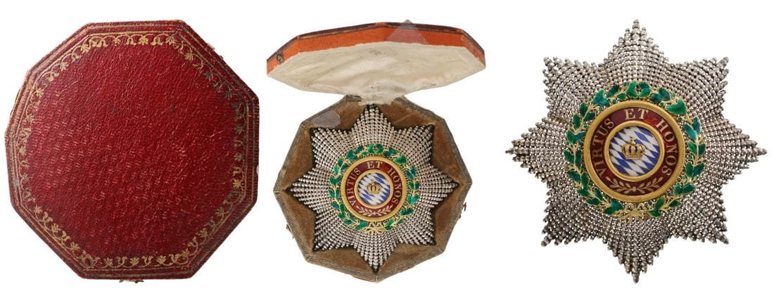 Order of the Bavarian Crown: An early Grand Cross star of the Order, 87 MM., with chiseled and pierced rays; centre medallion in gold, with enameled, diagonal colours of Bavaria, centered with golden Royal crown; red enameled out