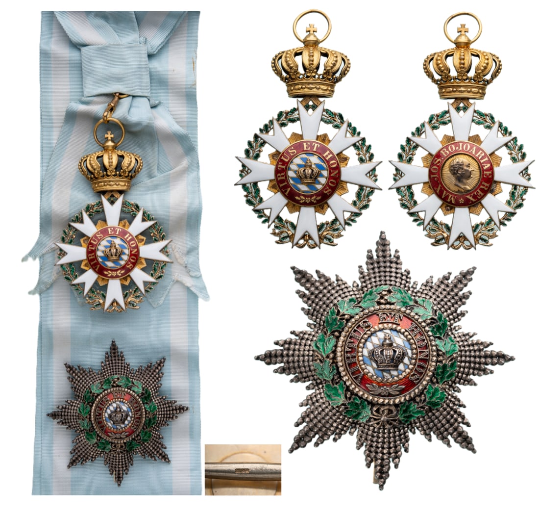 Order of the Bavarian Crown: Grand Cross Set, 1st Class, instituted in 1808. Sash Badge, 113x74 mm, gilt Bronze, possibly made by Jacob Lesser, both sides enameled, central medallion gilt, original suspension crown, ring, and lon