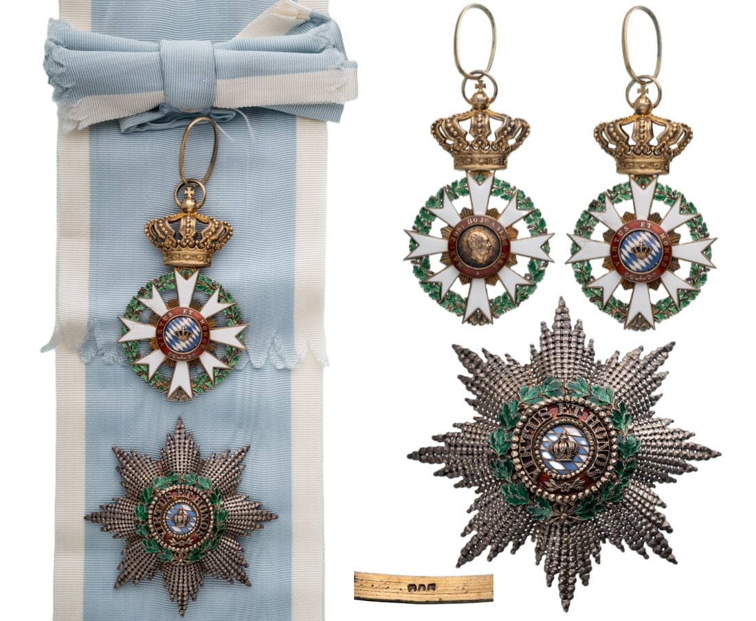 Order of the Bavarian Crown: Grand Officer' Set, 2nd Class, instituted in 1808. Neck Badge, 81x51 mm, gilt Silver, maker's mark "Jacob Leser", hallmarked "900", both sides enameled (some enamel defects), central medallion gilt, o