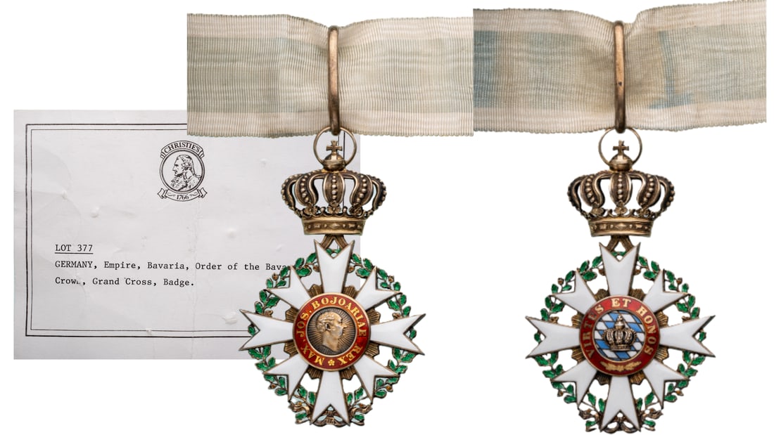 Order of the Bavarian Crown: Commander's Cross, instituted in 1808. Neck Badge, 79x52 mm, gilt Silver, hallmrked, both sides enameled, original suspension crown, ring and ribbon, A very rare attractive order, in very fine conditi