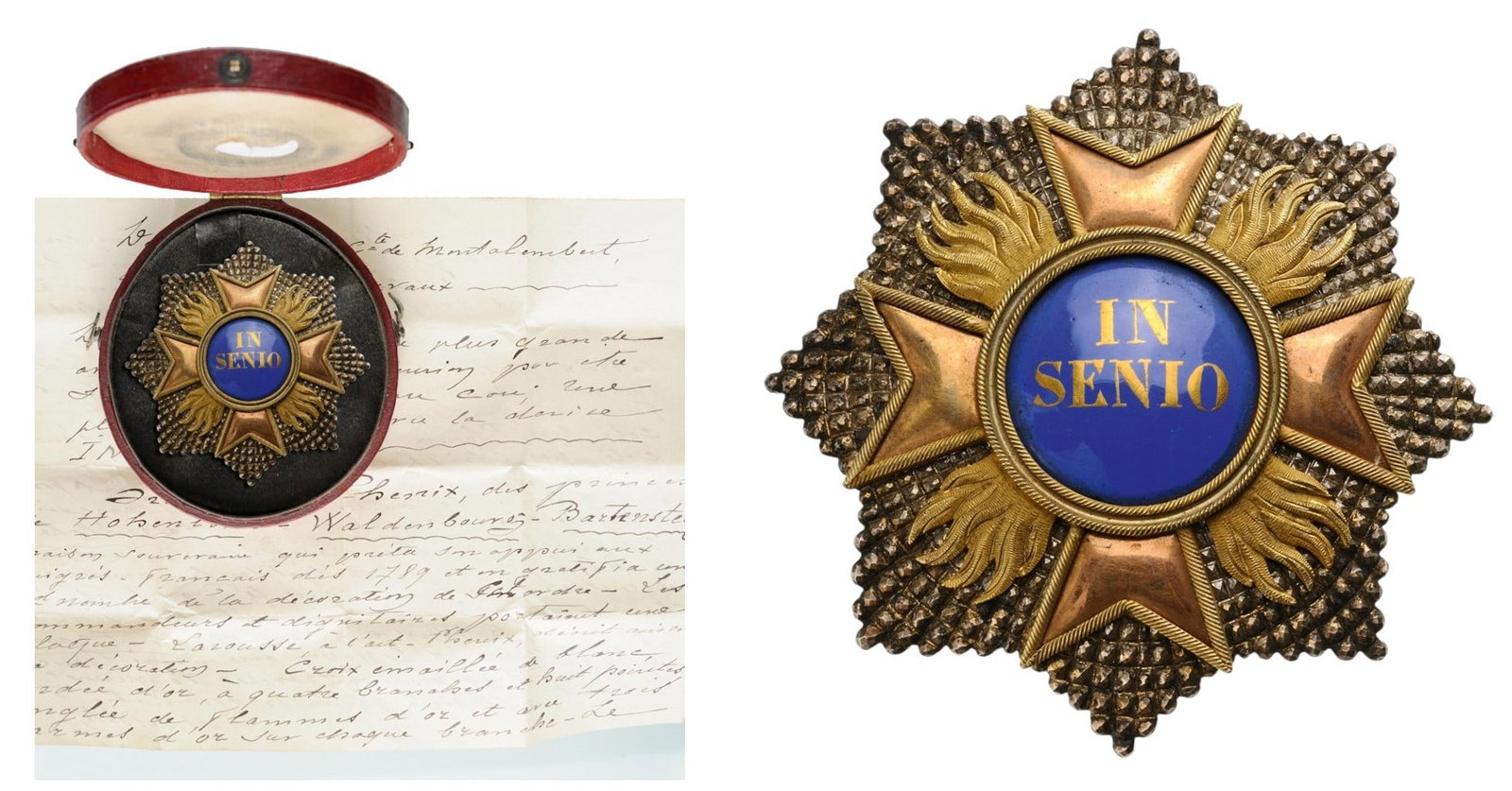 ORDER OF THE GOLDEN FLAME OF THE PHOENIX, 1757: An Early Breast Star of the Order with chiselled rays and applied centre in two-colour gold, 71 mm., the flames, most accurately chiselled; convex, blue enameled centre medallion with the order’s mo