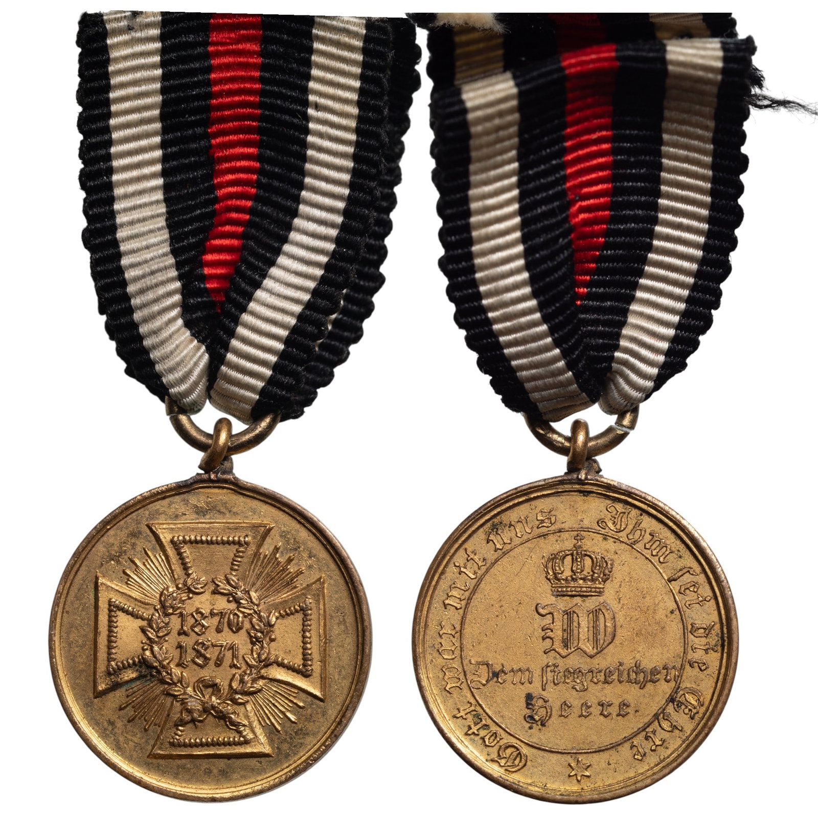 Commemorative Franco-Prussian War Medal, 1870-71: Miniature, instituted in 1871. Breast Badge, 15 mm, gilt bronze, original suspension ring and ribbon. I