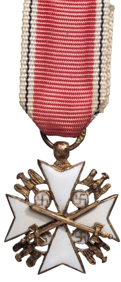 GERMAN EAGLE ORDER - Verdienstorden vom Deutschen Adler: 3rd Class Cross Miniature instituted in 1937. Breast Badge, 16x15 mm, gilt Silver, one side enameled, original suspension ring and ribbon. Rare and superb! I R!