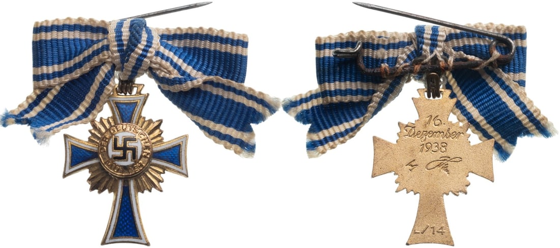 Cross of Honour of the German Mother "Ehrenkreuz der Deutschen Mutter", instituted in 1939: 1st Class Miniature. Breast Badge, 23x17 mm, gilt Bronze, original suspension ring and ribbon for ladies. A scarce beautiful miniature! I R!