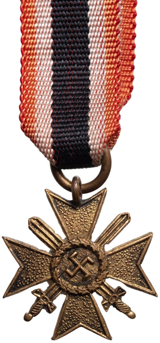 War Merit Cross with Swords: 2nd Class with Swords Miniature. Breast Badge, 16x14 mm, Bronze, original suspension ring and ribbon. Scarce! I R!