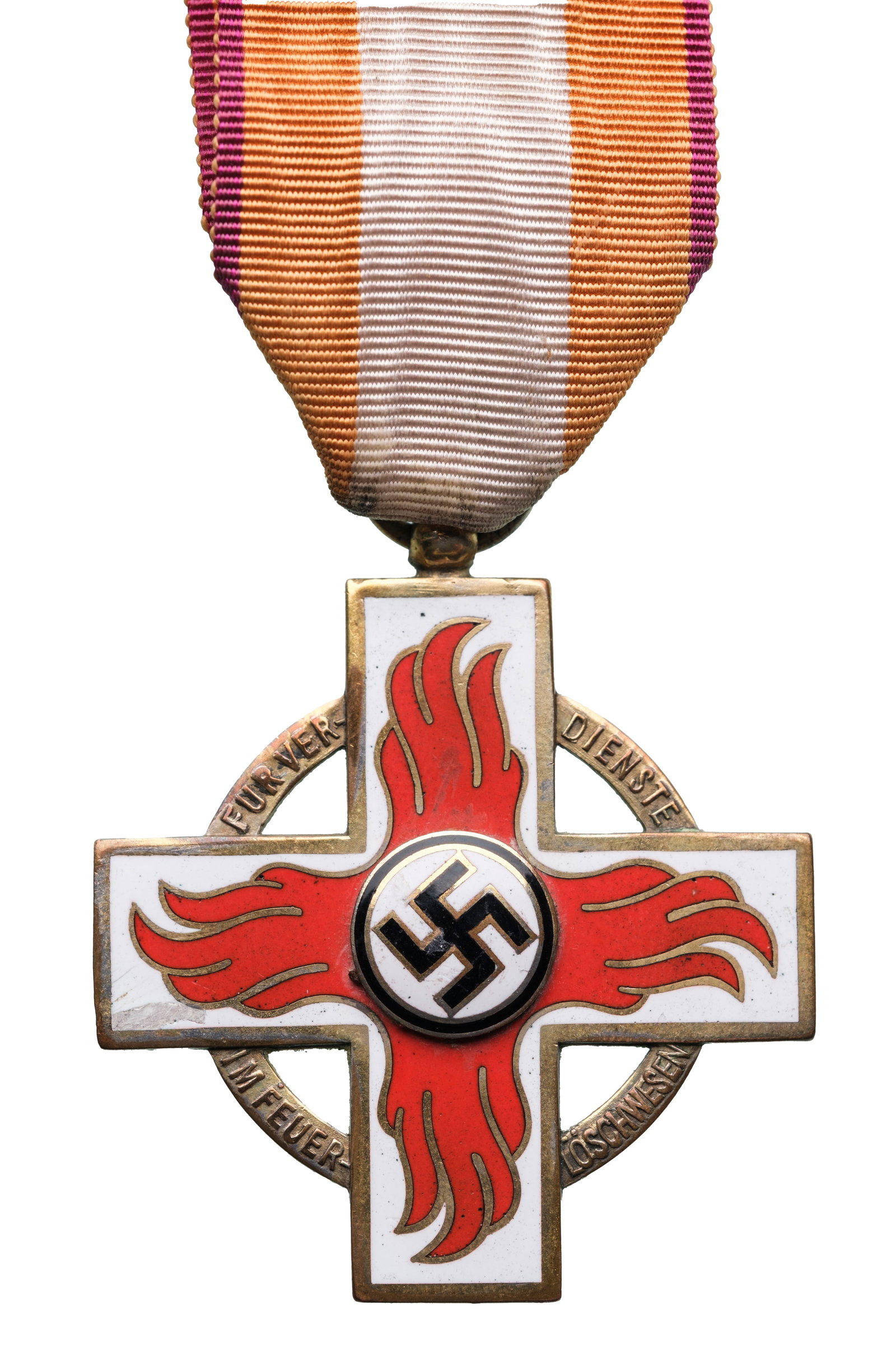 Feuerwehr-Ehrenzeichen 1938, 1. Stufe: Breast Badge, 43 mm., gilt Bronze, one side enameled, original suspension ring and ribbon. A rare badge, awarded to the firemen from 1939 till 1945, in mint condition! I R!