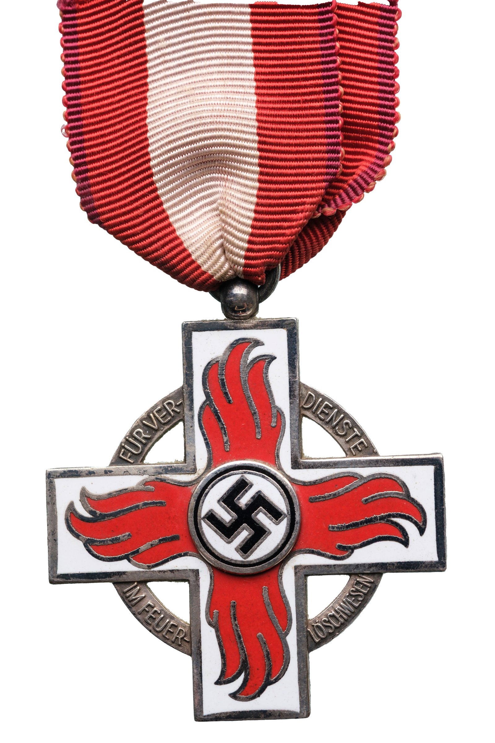 Feuerwehr-Ehrenzeichen 1938, 2. Stufe: Breast Badge, 43 mm., silvered Bronze, one side enameled, original suspension ring and ribbon. A badge, awarded to the firemen from 1939 till 1945, in mint condition! I