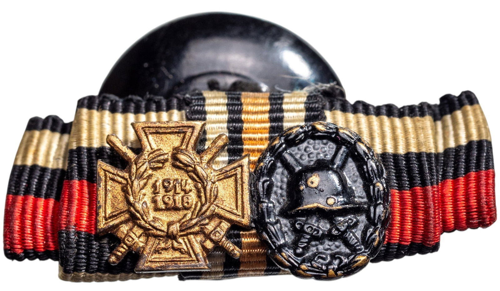 Honour Cross of the World War 1914-1918 and Wounded Badge: Miniatures Button. Breast Badges, 6-10 mm, Bronze and silvered Metal, button hole rosette. Scarce and attractive! I R!