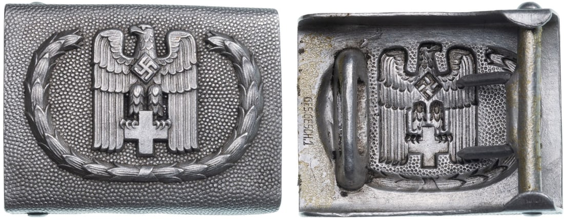 Red Cross Buckle: Belt Buckle, 62x48 mm., Aluminium, maker's mark "GES. GESCH. 1", double fixation oin on reverse. Scarce and superb! I RR!