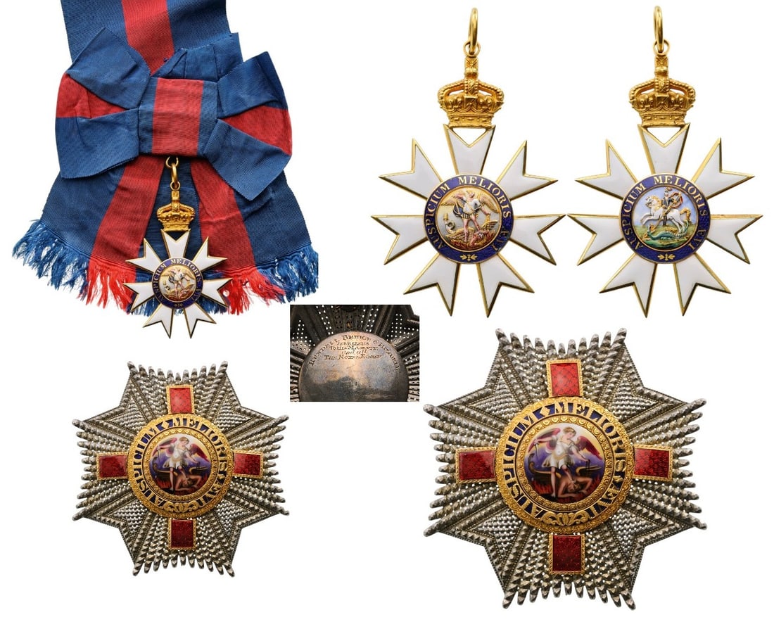 The Most Distinguished Order of St. Michael and St. George: An Early Group for a Knight Grand Cross: sash badge in GOLD, 89x68 mm., with white enameled arms, centre medallion with the image ground and applied, polychrome enameled, golden bas-relief images of S