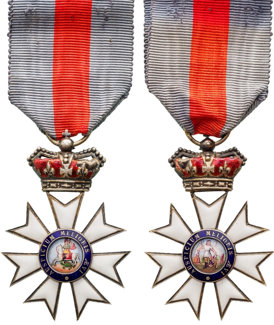 The Most Distinguished Order of St. Michael and St. George: Knight’s Badge, 58x39, Silver, enameled, original suspension ring and ribbon. A superb order, in mint condition. I