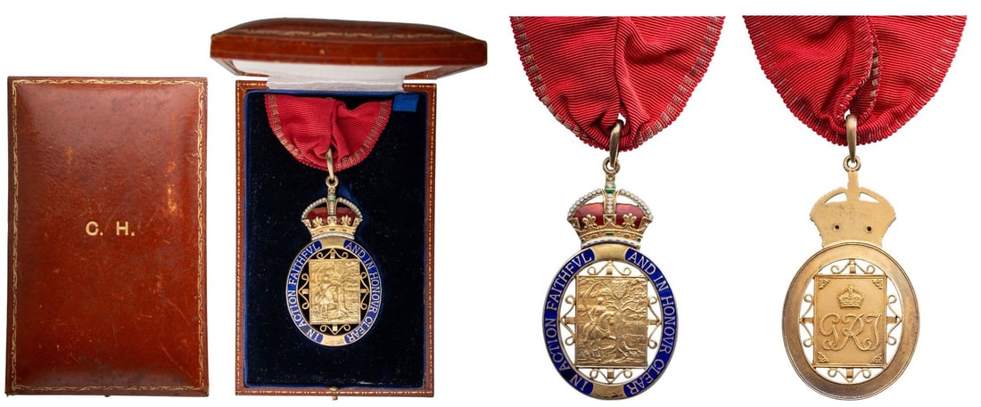 The Order of the Companions of Honour: Companion`s Badge (C.H.). Neck Decoration, 72x41 mm in gilt Silver (British hallmark) enameled details, original suspension loop and fragment of ribbon, in the original case of issue with inscription 