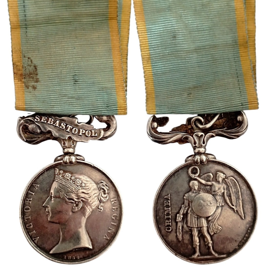 Crimea Medal, 1856: Breast Badge, 51x36 mm, Silver, bar "Sebastopol", modified suspension ring and ribbon. I