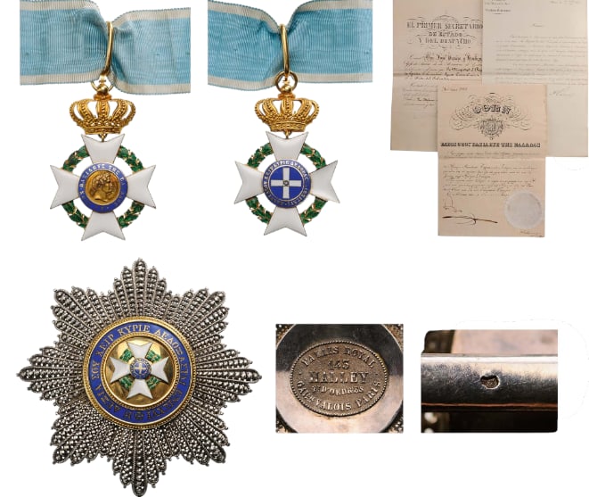 ORDER OF THE REDEEMER: Grand Officer`s Set of the 1st type in GOLD and enamels (minor chips), 69x45 mm, centre medallion with King Otto`s head facing right, and the colours of Bavaria on the reverse`s centre, suspension cro