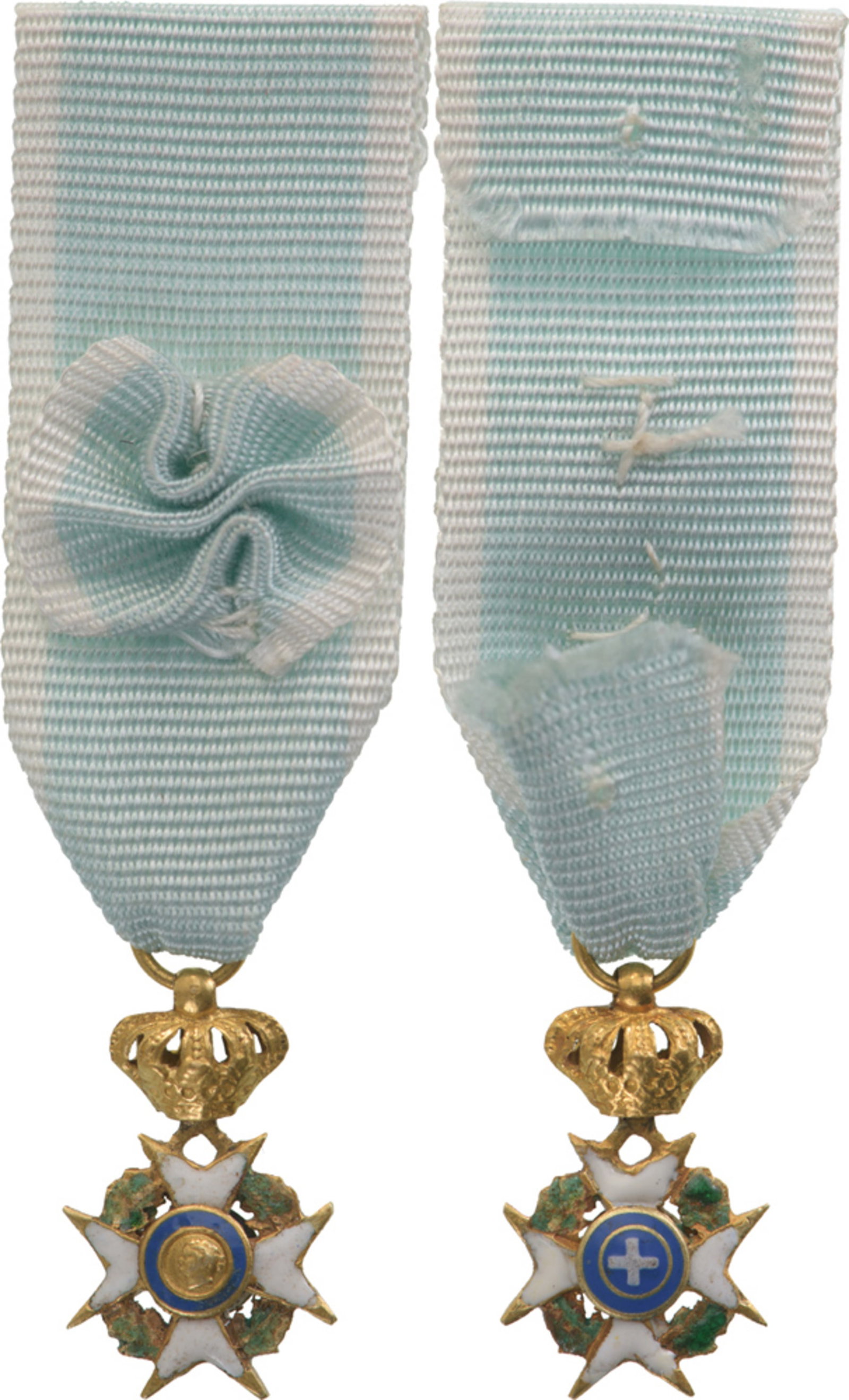 ORDER OF THE REDEEMER: 1st type Officer’s Cross Miniature, 15x11 mm, GOLD, enameled, with centre medallions in gold, with King Otto's portrait (facing right) to the obverse and Bavarian colours to the reverse, hinged susp