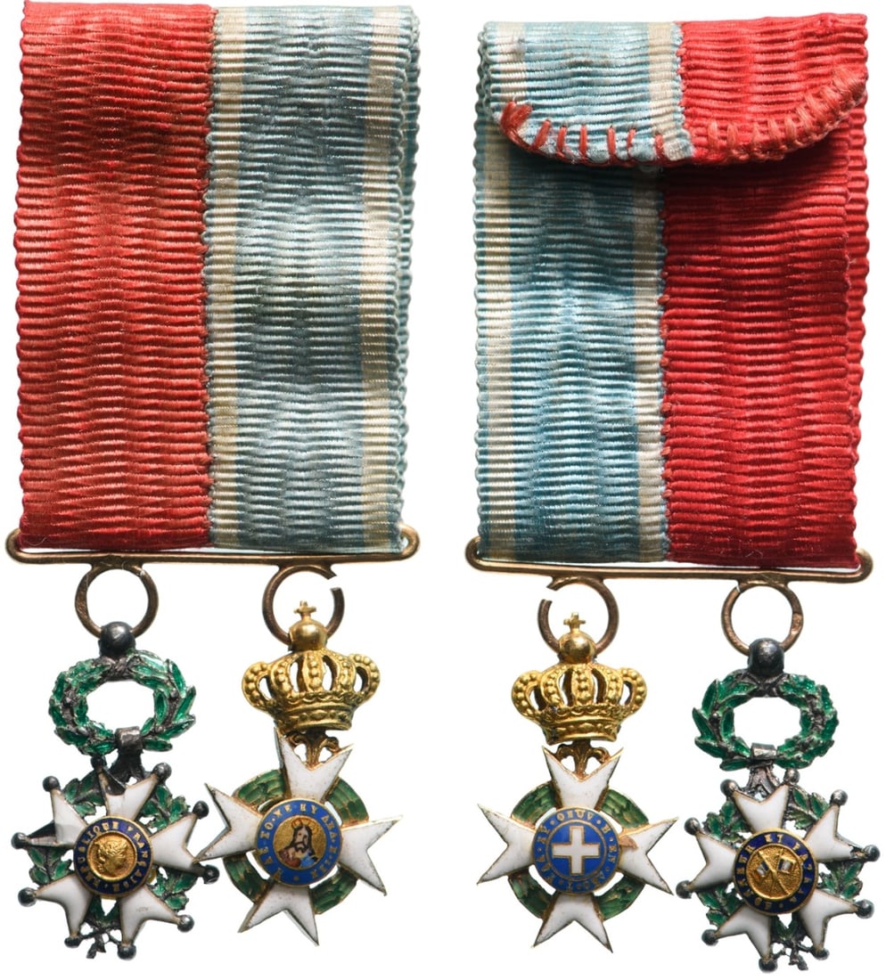 BAR OF 2: Greece: Miniature of the Cross of the Order, 18x12 mm, GOLD, enameled, obverse centre medallion with finest enamel painting of the Christ Pantokrator, original suspension ring; France: Legion of Honor