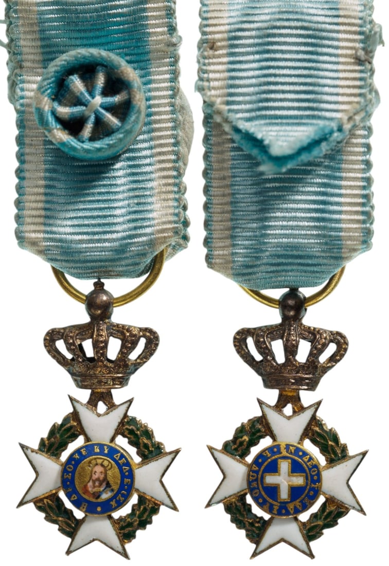 ORDER OF THE REDEEMER: Officer's Cross Miniature, 19x11 mm, partially gilt Silver, enameled, obverse centre medallion with finest enamel painting of the Christ Pantokrator, large, crown, original Gold suspension ring and ri
