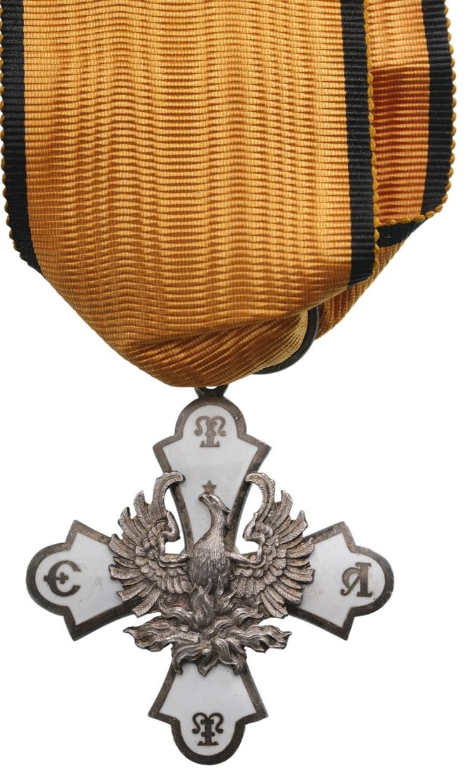 Order of the Phoenix: Knight's Cross, 1st Type, instituted in 1926. Neck Badge, 41x37 mm, Silver and white enamel, obverse centre with convex phoenix rising from the flames, suspension ring and original ribbon. I R!