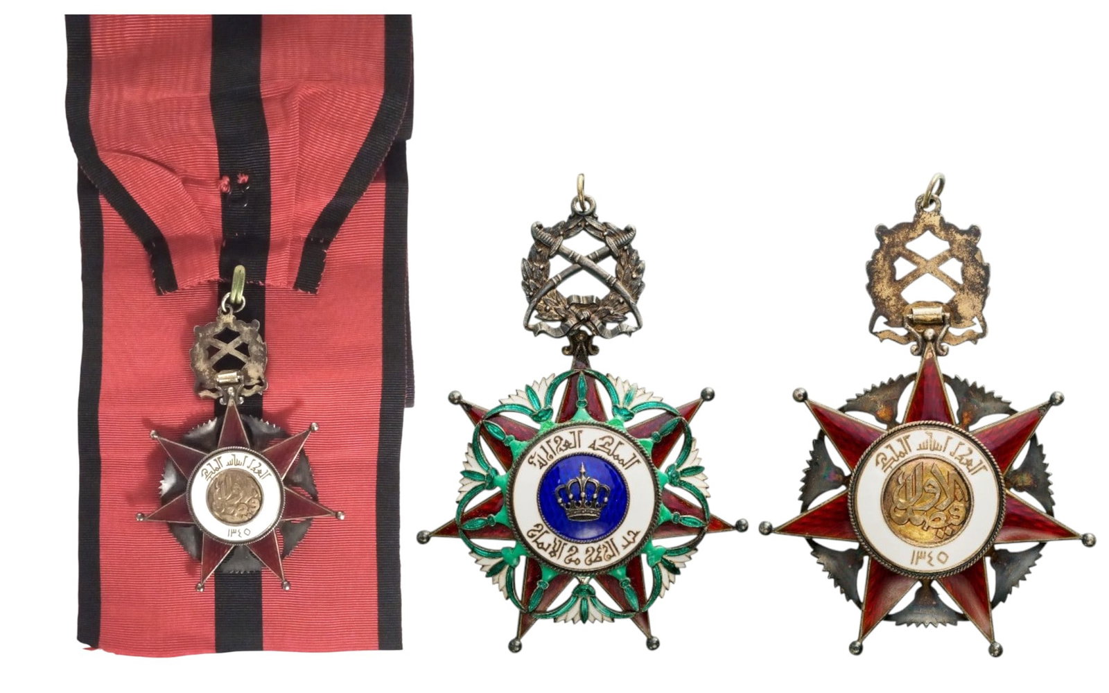 ORDER OF EL-RAFIDAIN (ORDER OF THE TWO RIVERS): Grand Cross Badge Military, instituted in 1922. Sash Badge, 90x65 mm., gilt Silver, as a red enameled star, enriched by a pattern of green/white enameled, stylized palms and lotus flowers, blue enamel